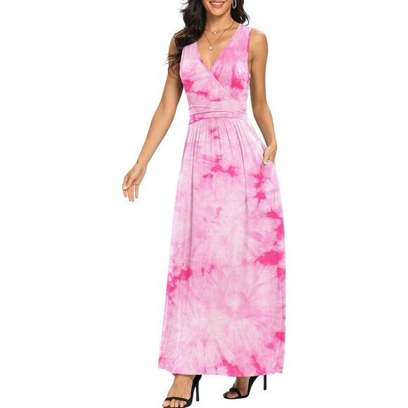 Women Flower Red Deep V Neck Sleeveless Loose Plain Long Maxi Stretchy Dress - Picture 3 of 5